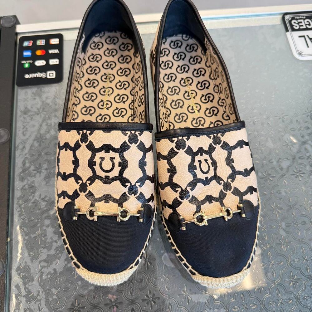 Ferragamo Black and Beige Espadrille Size 9.5